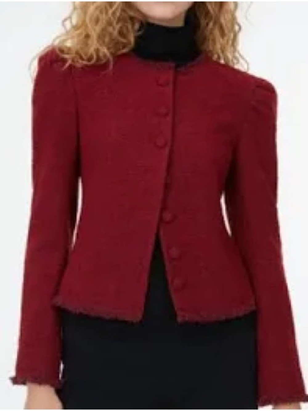 Club Monaco Milah Cropped Red Tweed Tailored Jacket Puff Sleeve Lined